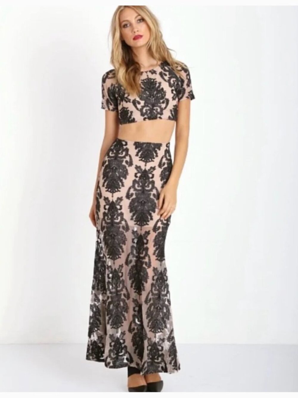 For Love & Lemons Black Embroidered Nude Crop Top Maxi Skirt Set L  Stunning For